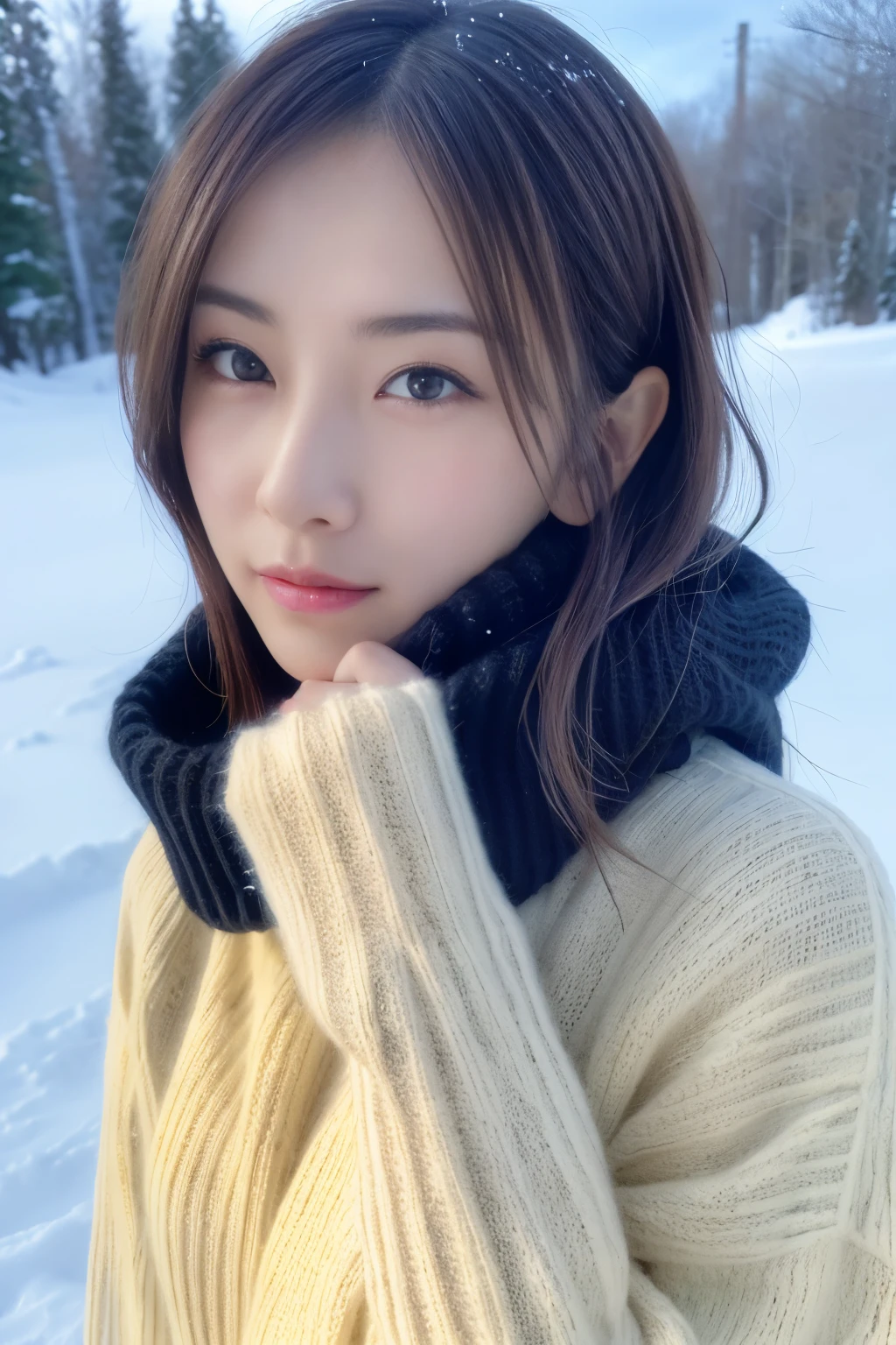 masutepiece, top-quality, Photorealsitic, 8k wallpaper, ​masterpiece, one beautiful Japanese women, Sweater to protect yourself from the cold, (beautiful hairl), Snow road, ((Look at viewers)), A detailed face, detailed skin textures, Detailed lips