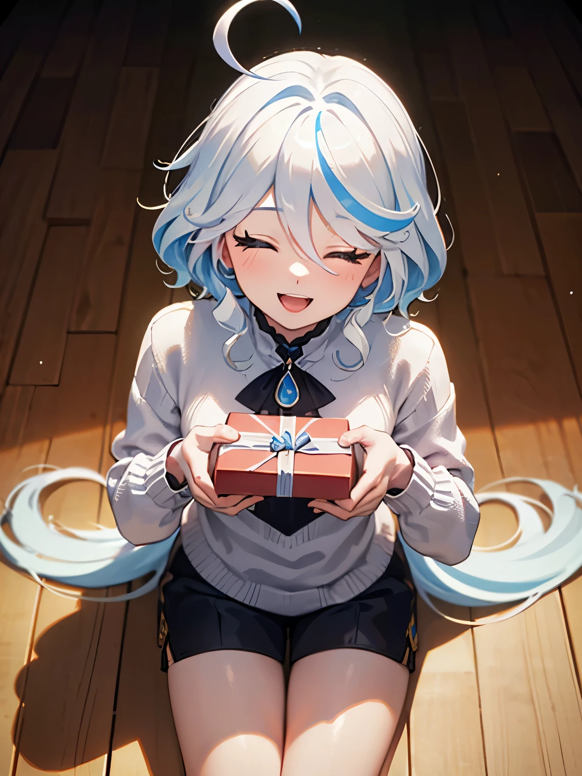 Anime girl sitting on the floor holding a present in her hands - SeaArt AI