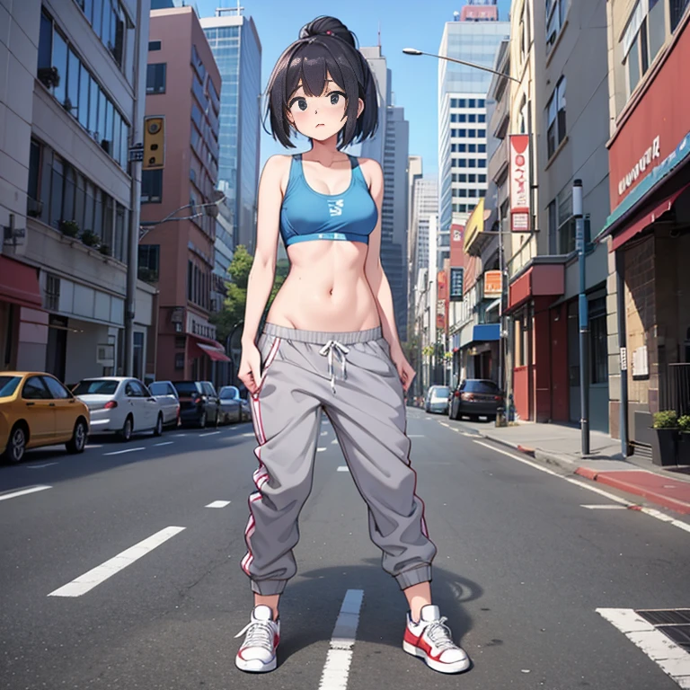 Sexy woman, blue sports bra, grey sweatpants, pants falling down, showing panties, sneakers, outside, full body, crowded city, embarassed, shy, sexy, standing