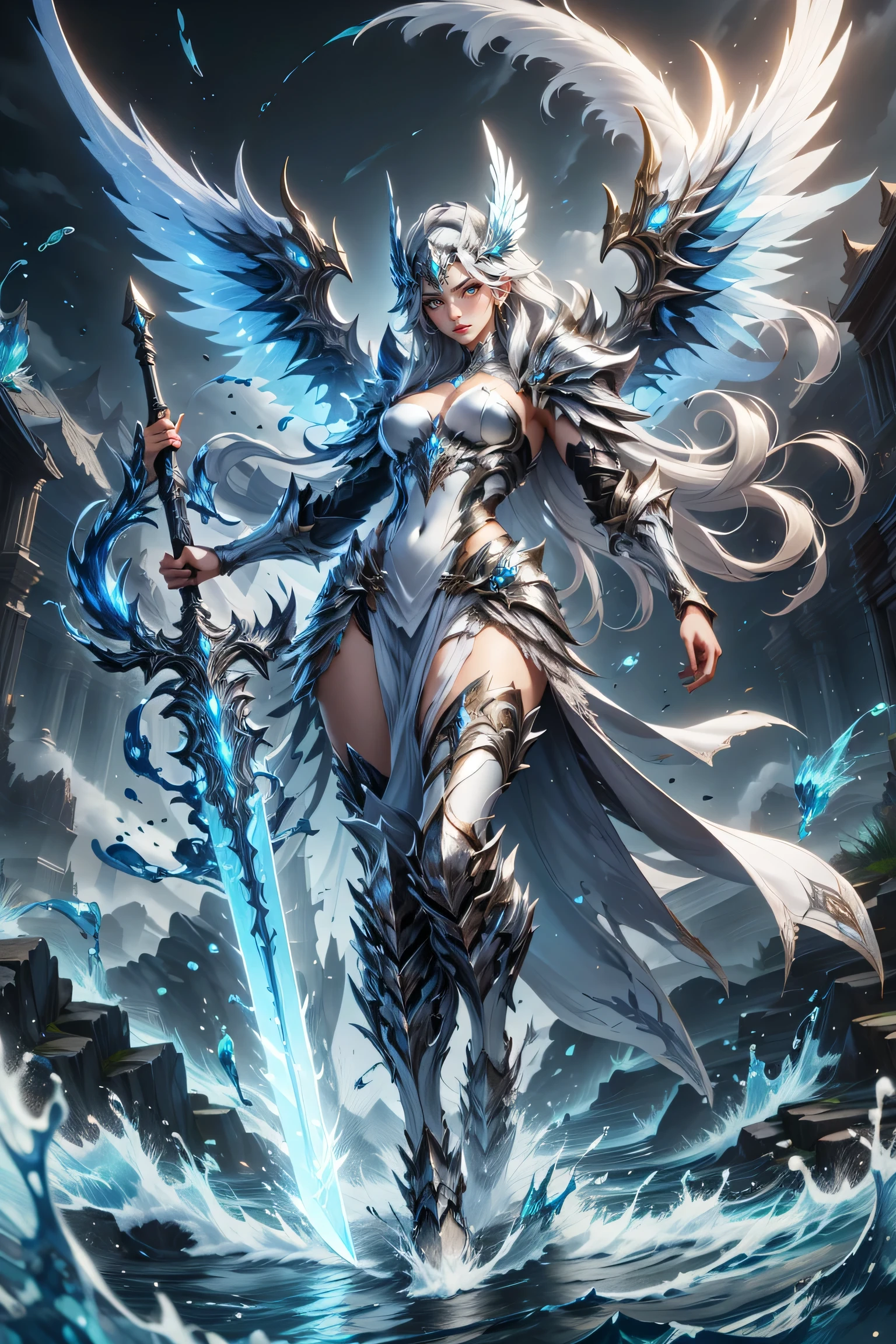 masterpiece, best quality, highres, a valkyrie floating in night sky, silver hair, cyan glowing electric eyes, very long hair, floating hair, wind, winged helmet, ray tracing, looking at viewer, open arms, elegant face, stern look, slim waist, windy scene, armor is white and gold, backlit, glowing light, goddess character, elegant, full body, flying in wind looking down at camera, wielding massive sword, beautiful face, detailed face, detailed hands, goddess of light