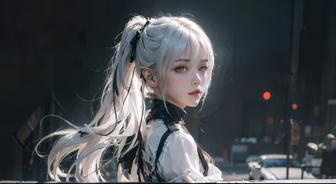 1 girl,The beautiful, tmasterpiece, Best quality, white backgrounid,Kazuya Takahashi, concept-art, white color hair,the detail