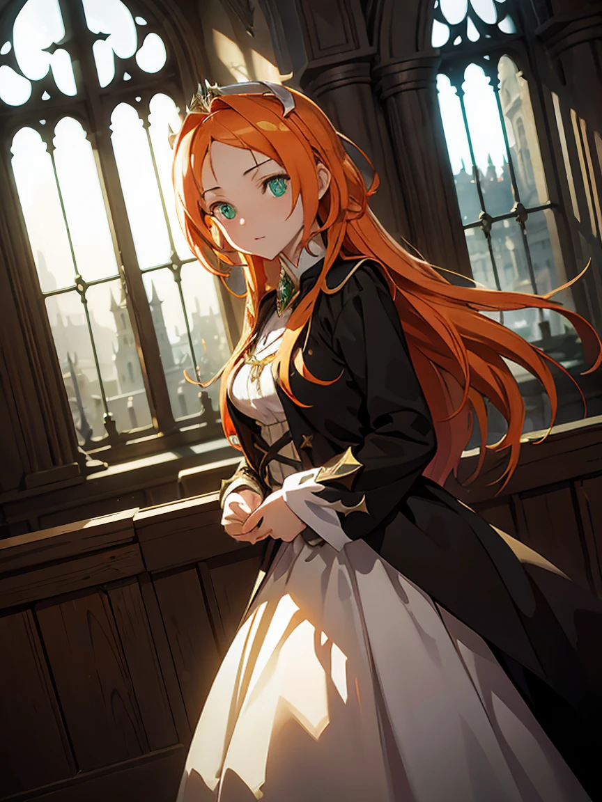 1girl, long hair, green eyes, light orange hair, beautiful lighting, gothic church background, medieval priestess costume, high quality, hands perfectly, light coming through the windows, view from the front, spectator looking