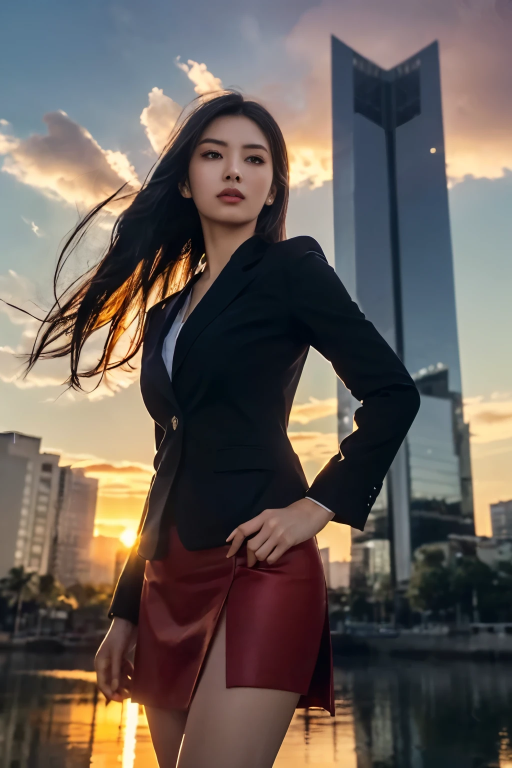 ((masutepiece:1.4, Best Quality)), (photos realistic:1.4), 
((1girl in)), Lustrous black hair, Hair that flutters in the wind,
(超A high resolution:1.2), Extremely delicate and beautiful, amazing, 
the Extremely Detailed CG Unity 8K Wallpapers, Ultra-detailed, High resolution, Soft light, 
Beautiful detailed girl, extremely detailed eye and face, beautiful detailed nose, Beautiful detailed eyes, 
(Dark blue business suit, skirt by the:1.4),
Cinematic lighting, Perfect Anatomy, Slender body, slender long legs, Taut,
(Glass-walled skyscrapers:1.4), (Bright red sunset clouds reflected on the building:1.4), (Beautiful form with an inorganic atmosphere),
cool expression, Cowboy Shot