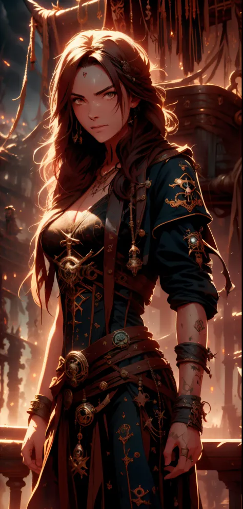 dramatic lighting, highest quality, Cinematic film still, (attractive Anne Bonny, wearing dirty tattered pirate attire, standing...