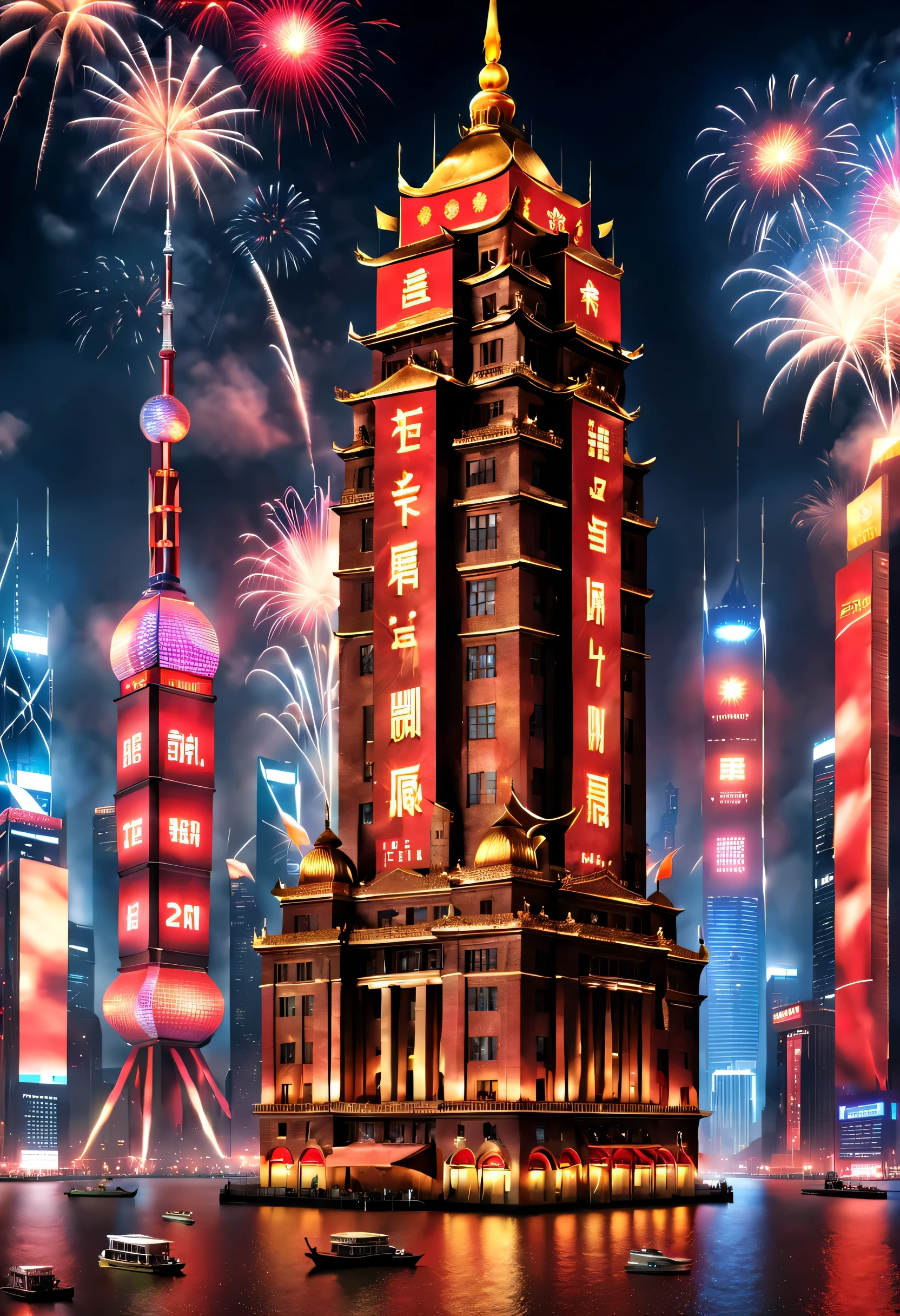 （2024 New Year’s Eve celebration scene design）, （Holographic Gold 2024）(Red and gold poster design), (Happy New Year with the electronic projection screen of the giant building on the Bund in Shanghai), Everyone is watching the countdown on the big screen, Fireworks are blooming everywhere, Many ribbons and colorful pieces fall in the air, people&#39;wanting,,Valerio Orgiatti,author：Shigeru Ban,Public places,Ray traching,globalillumination,colored lighting,modern, The content is very detailed, Best quality at best, tmasterpiece, A high resolution, photographyrealism, hyper realisitc, actual, 8K, Glass floor,Mosaic floor,