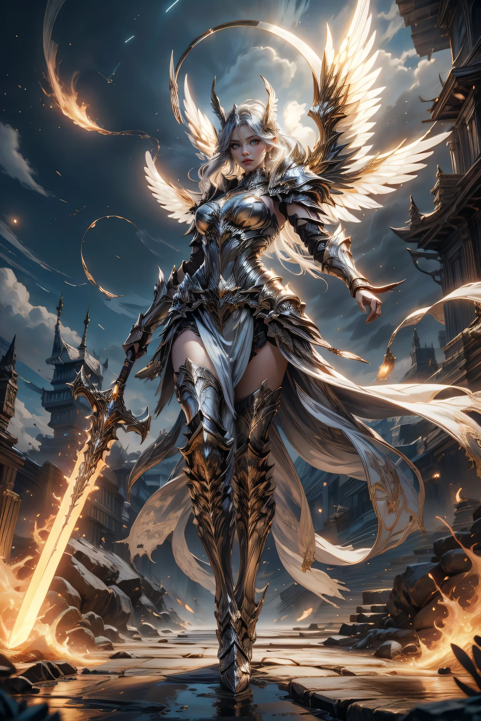 masterpiece, best quality, highres, a valkyrie floating in night sky, silver hair, cyan glowing electric eyes, very long hair, floating hair, wind, winged helmet, ray tracing, looking at viewer, open arms, elegant face, stern look, slim waist, slender, windy scene, (armor is white and gold), backlit, glowing light, goddess character, elegant, full body, flying in wind looking down at camera, wielding massive sword, beautiful face, detailed face, detailed hands, goddess of light, light flares