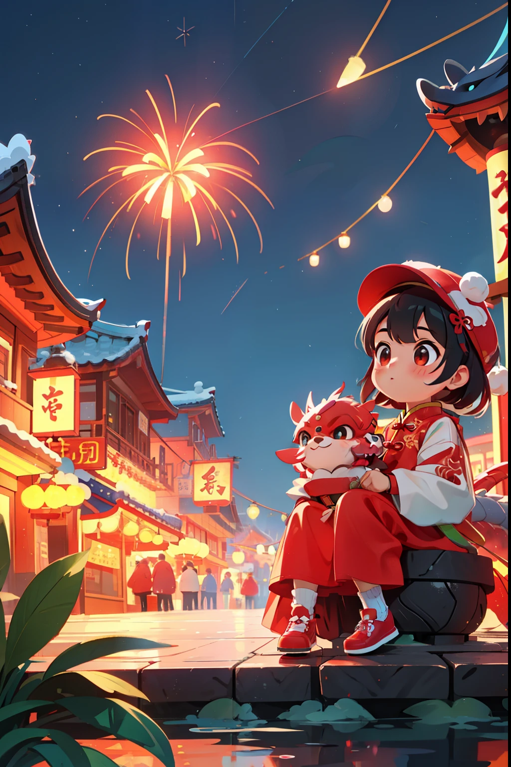 New Year's Day，Red theme，New Year's Day的气氛，little girl wearing dragon hat，Sitting on a red Chinese dragon，little girl in blessing，Fireworks bloom in the night sky，The night sky is dyed colorfully。red lights笼挂在窗户两侧，A festive atmosphere。Bustling crowds on the streetull of excitement、joy and excitement，Celebrate the holidays。HD artwork，new year&#039；Across Chinese New Year's Eve，fireworks in the night sky，red lightusy street，Celebrations