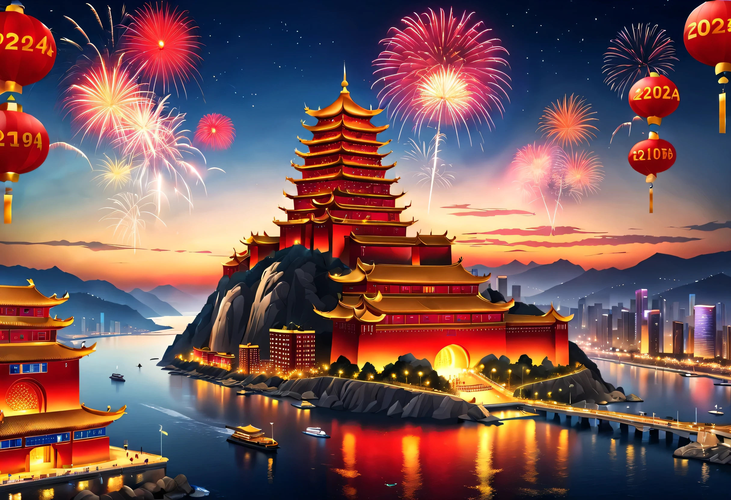 (2024年大晦日のお祝いシーンデザイン), (赤と金のポスターデザイン), (数千マイル離れた青島の海辺の巨大建築群, 中国の巨乳: 1.2), 投影スクリーン, (明けましておめでとうございます: 1.3), 大画面でカウントダウンを見る群衆, 空一面に咲く花火, たくさんのリボンと色とりどりの破片が空に落ちます, 人々&#39;の願い, 背景: 大雪,