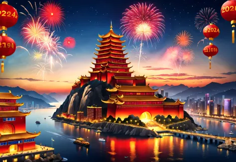 (2024 new year’s eve celebration scene design), (red and gold poster design), (qingdao seaside giant building complex thousands ...