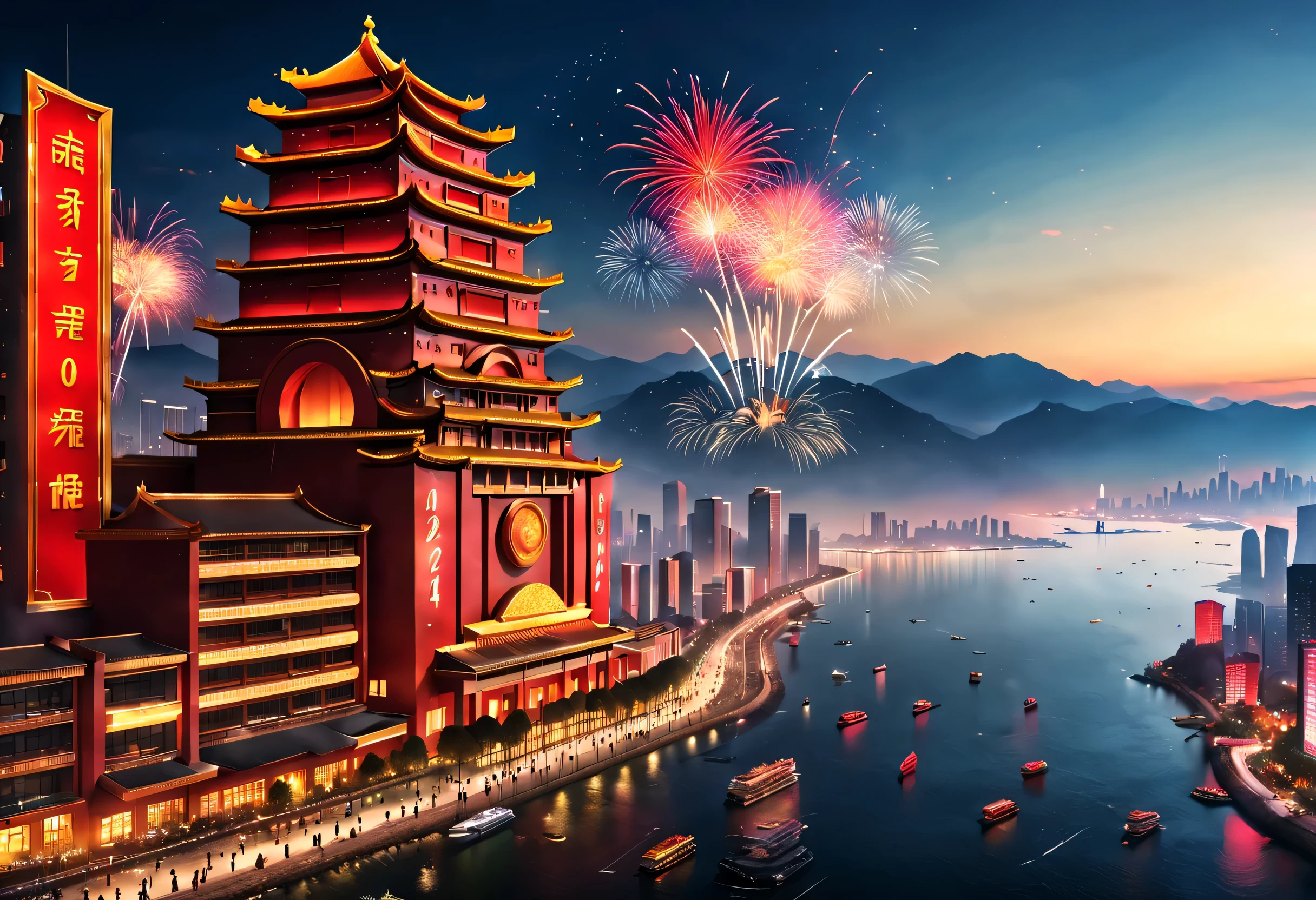 (2024 New Year’s Eve celebration scene design), (Red and gold poster design), (Qingdao seaside giant building complex thousands of miles away, Chinese big breasts: 1.2), Projection screen, (a happy new year: 1.3), Crowd watching countdown on big screen, Fireworks blooming all over the sky, Many ribbons and colorful pieces fall in the sky, people&#39;s wishes, Background with: Heavy snow cover,