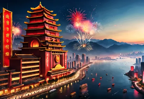 (2024 new year’s eve celebration scene design), (red and gold poster design), (qingdao seaside giant building complex thousands ...