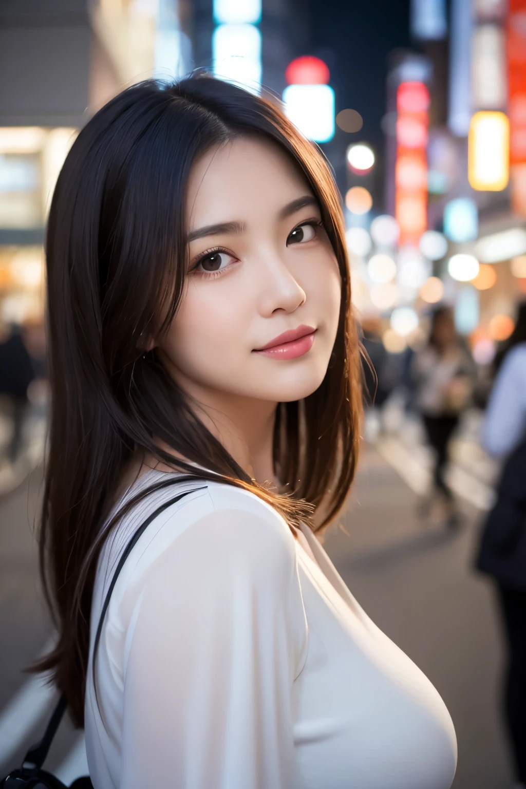 1womanl, hyperdetailed face, Detailed lips, A detailed eye, 二重まぶた, ssmile, Colorful silk blouse, large full breasts, The upper part of the body, a closeup, beautiful hairl, Ginza Street in Tokyo, early evening, A city scape, depth of fields, 8K, Raw photography, top-quality, ​masterpiece, realisitic, Photorealsitic, AsianEyesEra