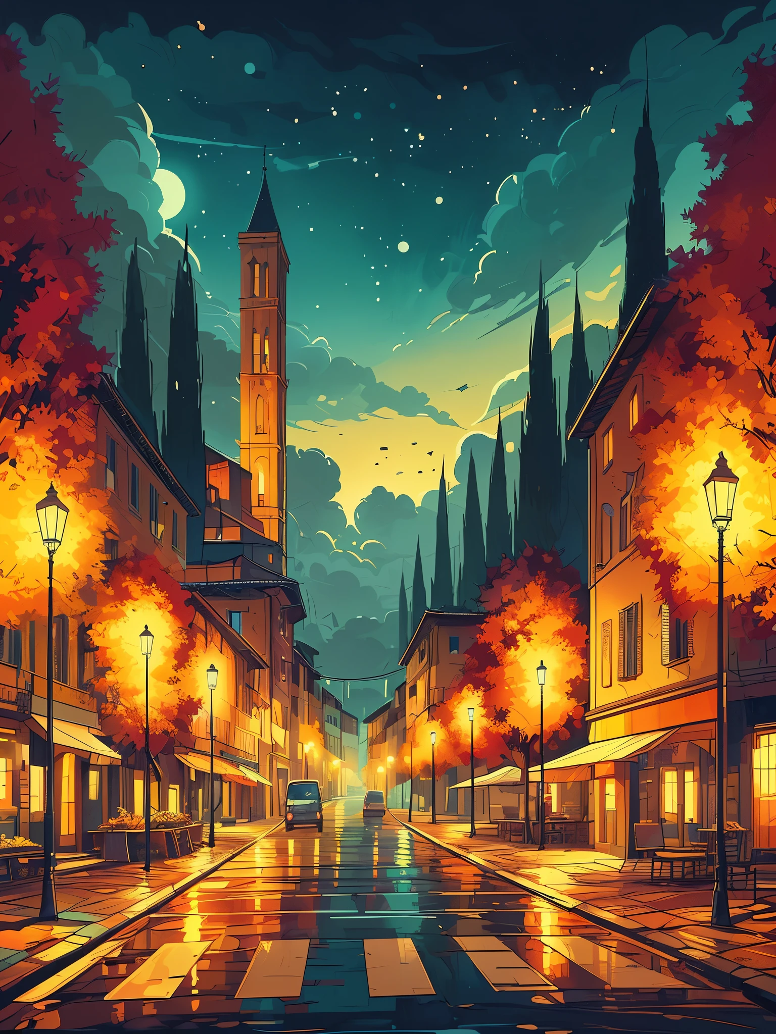 Draw cartoon art scene of wide lofi scene of autumn street of Italy at night, street light, controlled dim light, beautiful cloudy sky, vibrant color tones, masterpiece, peaceful scene, no one