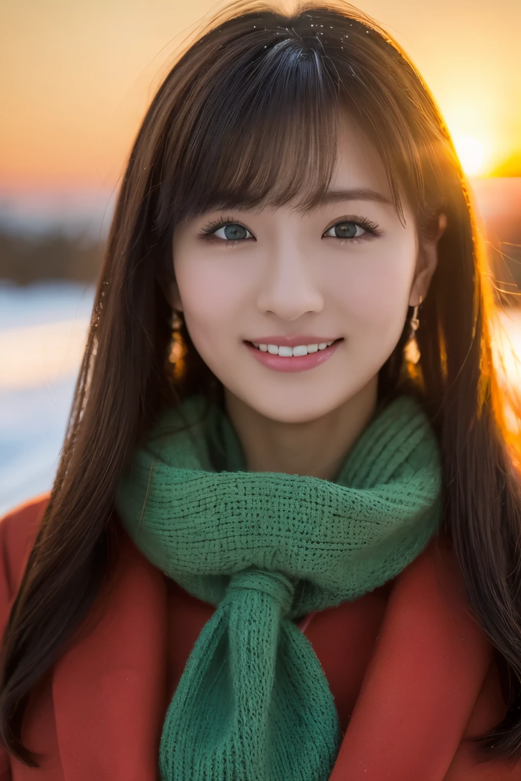 1girl in, (Green muffler:1.4), Very beautiful Japan actress,
(Raw photo, Best Quality), (Realistic, Photorealsitic:1.4), masutepiece, 
Extremely delicate and beautiful, Extremely detailed, 2k wallpaper, amazing, 
finely detail, the Extremely Detailed CG Unity 8K Wallpapers, Ultra-detailed, hight resolution, Soft light, 
Beautiful detailed girl, extremely detailed eye and face, beautiful detailed nose, Beautiful detailed eyes, Cinematic lighting, 
Suitable for winter, Lapland snow field, (Sun setting on the horizon:1.4), 
The bright red sunset colors the snowy field., diamond dust shine,
Perfect Anatomy, Slender body, Small, Smiling