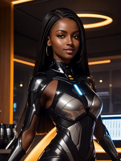 futuristic girl with a perfect figure, radiant dark skin, amber eyes, aquiline facial features, tech windows looking out into sp...
