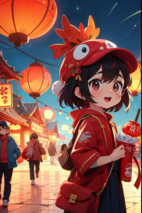 new year’s day，red theme，new year’s day的气氛，little girl wearing dragon hat，on the street，little girl&#39;blessing fireworks bloom...