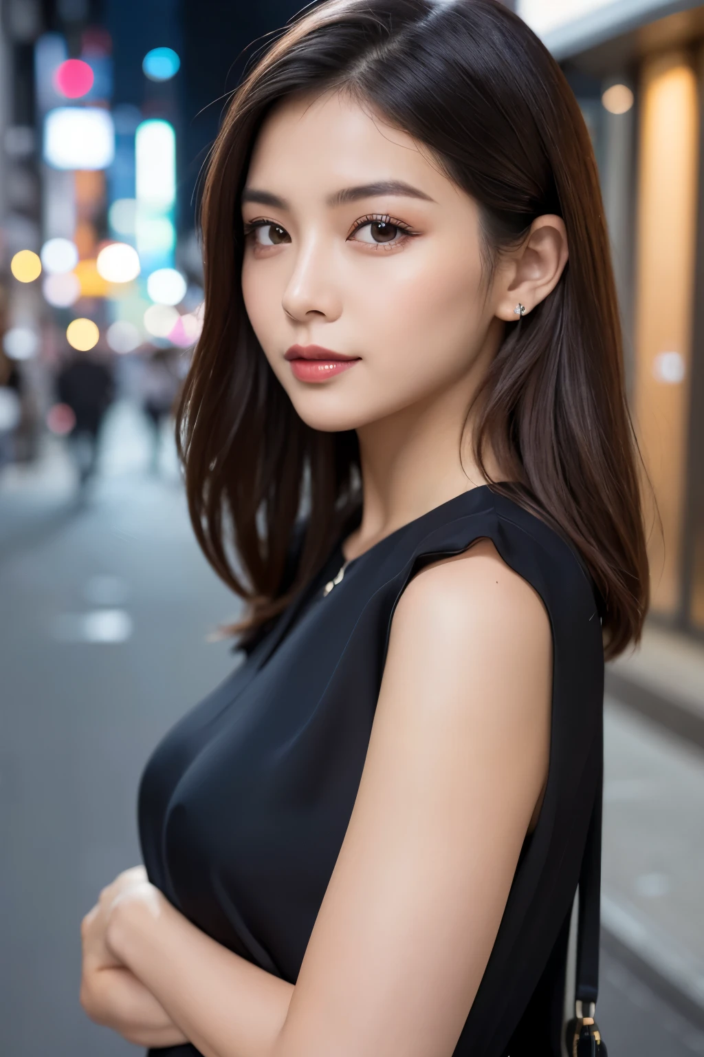 1womanl, hyperdetailed face, Detailed lips, A detailed eye, double eyelid, ssmile, Colorful silk blouse, , The upper part of the body, a closeup, beautiful hairl, Ginza Street in Tokyo, early evening, A city scape, depth of fields, 8K, Raw photography, top-quality, ​masterpiece, realisitic, Photorealsitic, era of asian eyes