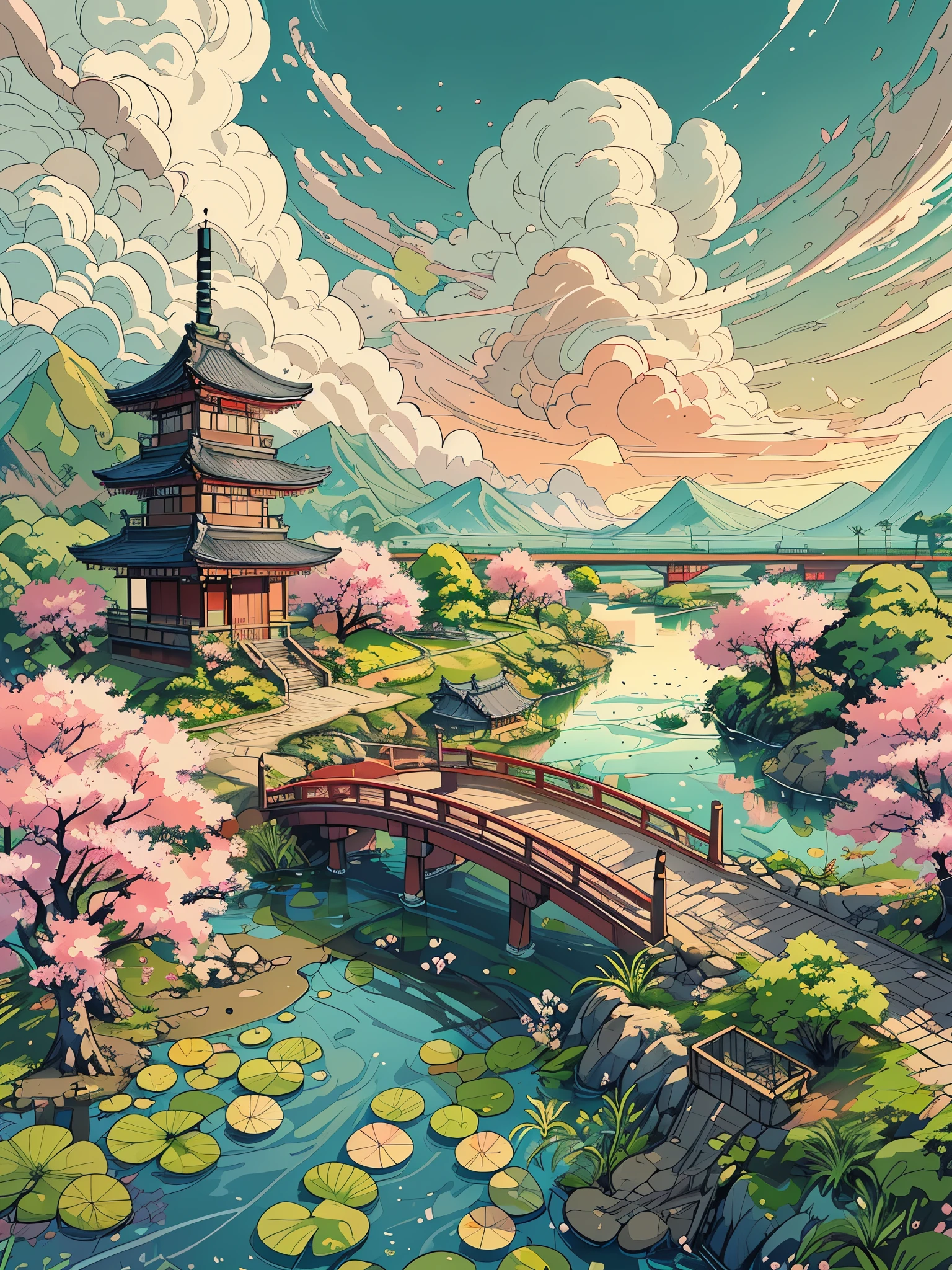 Draw cartoon art aerial scene of wide lofi scene of Japanese temple, cherry blossom tree. lily leaves, bridge, lagoon, flora, controlled dim light, beautiful cloudy sky, vibrant color tones, masterpiece, peaceful scene, no one