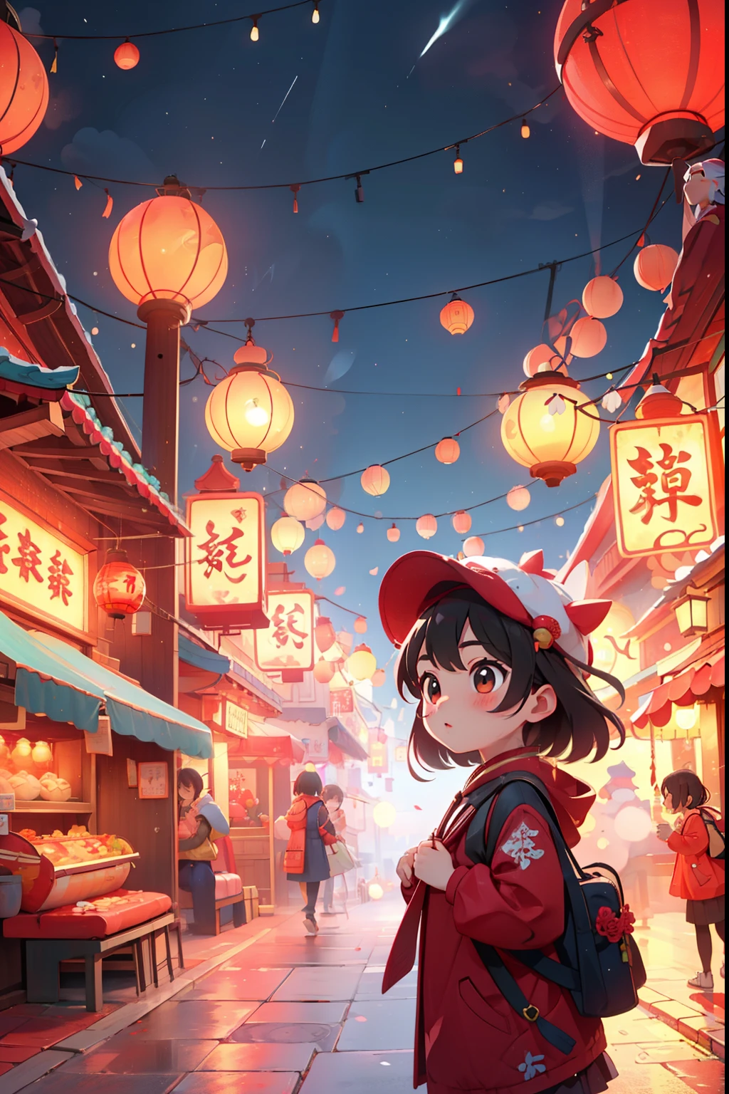 New Year’s Day，red theme，New Year’s Day的气氛，Little girl wearing dragon hat，which stands on the street，Little girl&#39;Blessings fireworks bloom in the night sky，The night sky is dyed colorful。The cliff is covered with red lanterns，shrouded in festive atmosphere。The streets are bustling，with people coming and going，vivaciousness、joy and excitement，Celebrate the holidays。hd artwork，new year&#039；整个农历new year&#39;eve，fireworks in the night sky，red light street，Celebrations