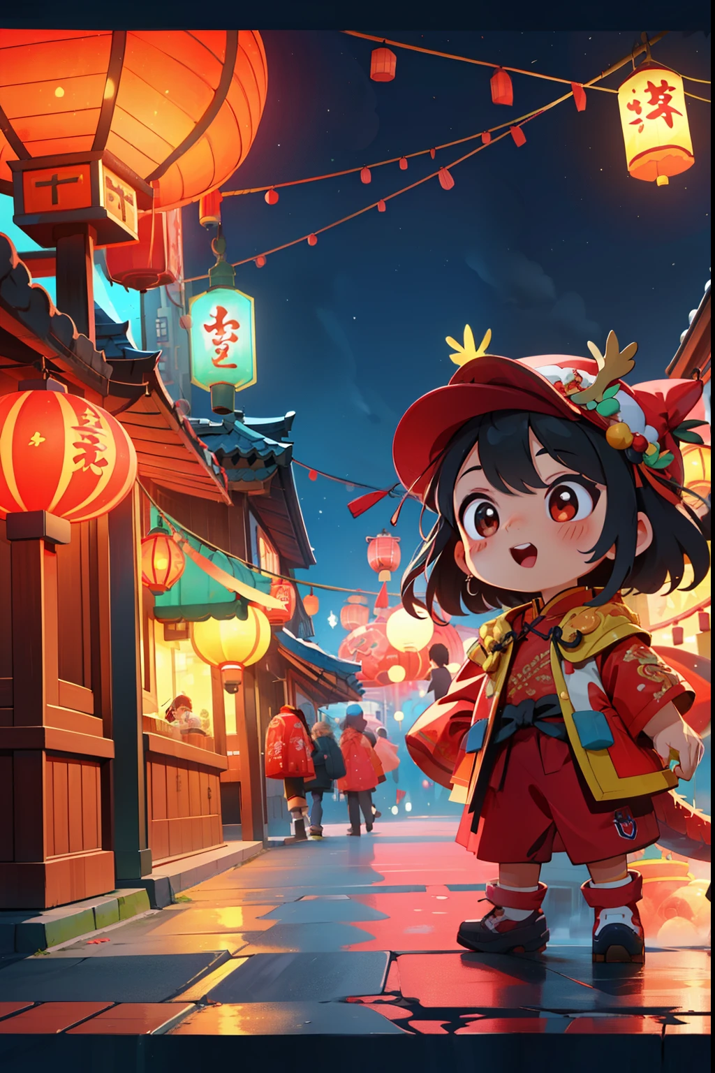 New Year’s Day，red theme，New Year’s Day的气氛，Little girl wearing dragon hat，standing on the street，Little girl&#39;Blessings fireworks bloom in the night sky，The night sky is dyed colorful。The cliff is covered with red lanterns，shrouded in festive atmosphere。The streets are bustling，with people coming and going，vivaciousness、joy and excitement，Celebrate the holidays。hd artwork，new year&#039；整个农历new year&#39;eve，fireworks in the night sky，red light street，Celebrations