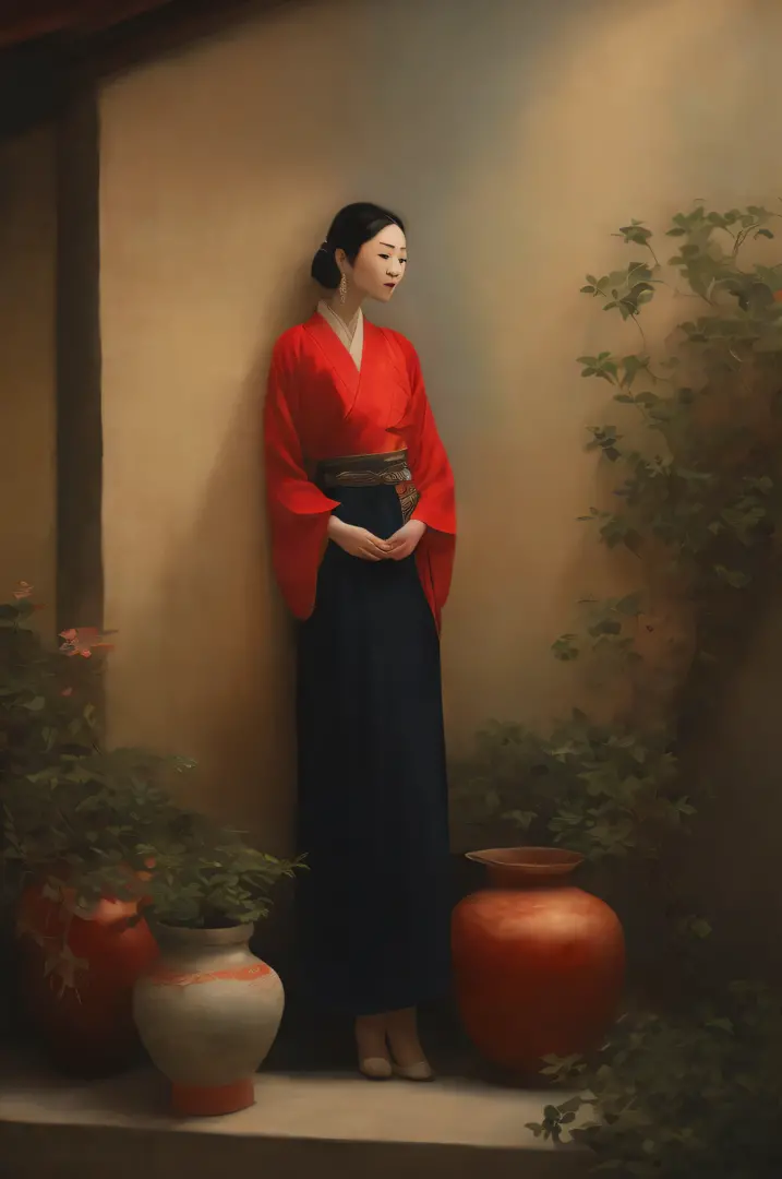 painting of a woman in a red kimono standing in front of a wall, range murata jeremy lipking, jeremy lipking full length shot, i...