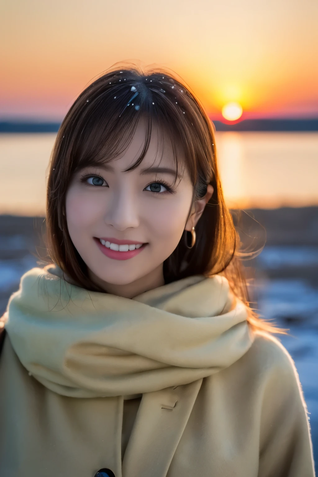 1girl in, (Beige coat, Green muffler:1.2), very beautiful japanese actress,
(Raw photo, Best Quality), (Realistic, Photorealsitic:1.4), masutepiece, 
Extremely delicate and beautiful, Extremely detailed, 2k wallpaper, amazing, 
finely detail, the Extremely Detailed CG Unity 8K Wallpapers, Ultra-detailed, hight resolution, Soft light, 
Beautiful detailed girl, extremely detailed eye and face, beautiful detailed nose, Beautiful detailed eyes, Cinematic lighting, 
Suitable for winter, Lapland snow field, (Sun setting on the horizon:1.4), 
The bright red sunset colors the snowy field., diamond dust shine, 
(Snow pils up on the hair:1.Elfect Anatomy, Slender body, Small, Smiling,
Pan Focus