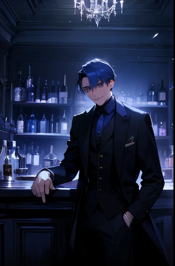 Beautiful young man、Naby Wrench Coat、Suits、pipes, Decadent atmosphere、inside in room、 Evil smile, sparks、working at a bar,chic blue light