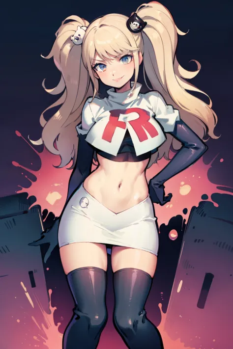 junko enoshima, glossy lips ,team rocket,team rocket uniform, red letter R, white skirt,white crop top,black thigh-high boots, b...