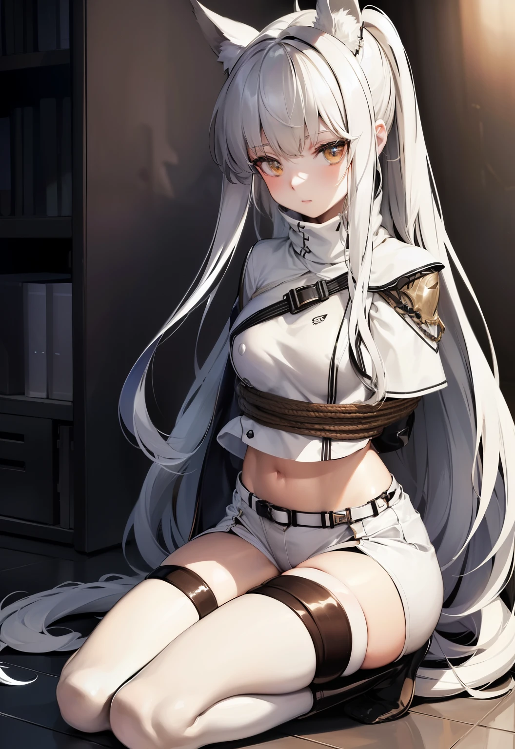 Anime girl with long white hair sitting on the floor - SeaArt AI