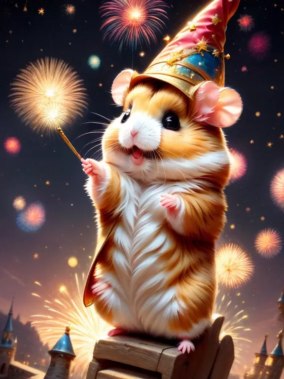 skyrocket,magic hamster party,((hamster wizard:great joy:pulling the hands up:opening mouth:jumpping:wizard hat)),magic wands,,w...