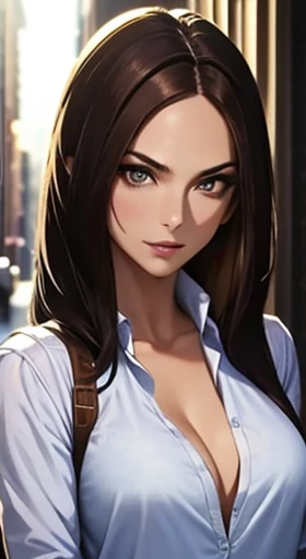 ((Best quality, 8k, Masterpiece :1.3)), Sharp focus :1.2, A pretty woman with perfect figure :1.4, Slender abs :1.2, ((Dark brown hair, B-cup of breasts :1.4)), (wearing white button up shirt, no bra, Jean :1.1), City street:1.2, Highly detailed face and skin texture, Detailed eyes, Double eyelid, enhanced tits tufts