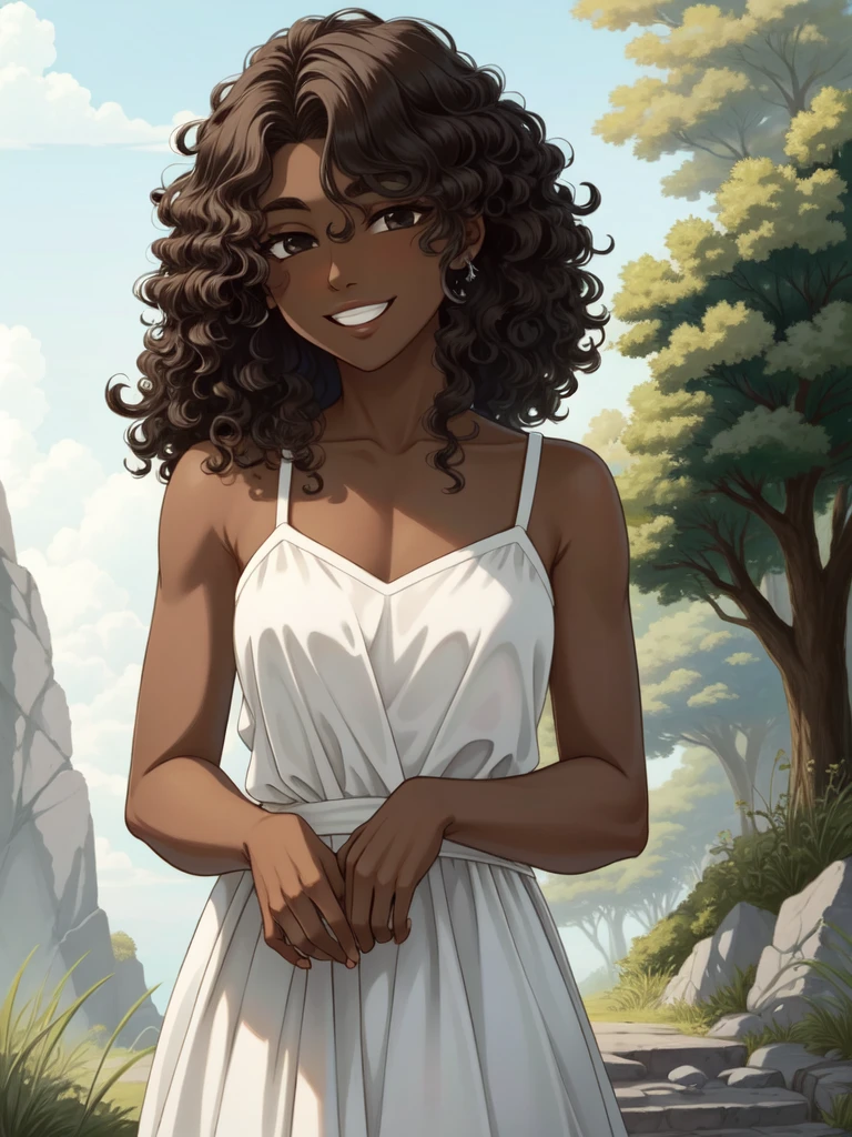 Masterpiece, best quality, high-res, extremely detailed, 1 girl, (dark brown skin tone:1.2), black eyes, smiling