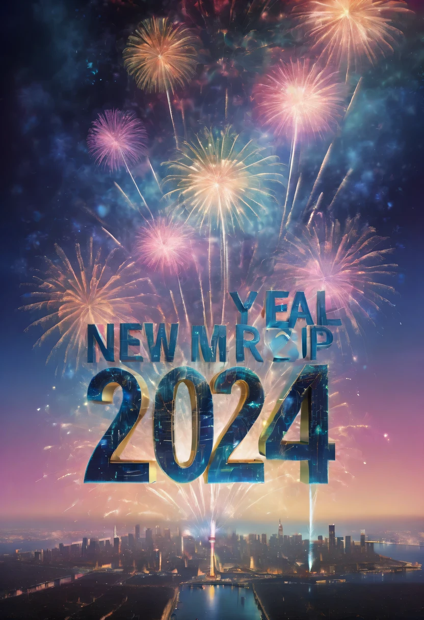 2024 new year poster,Transparent avatar，New Year&#39;s Eve Fireworks 2024，（multiple exposure：1.8）2024 New Year&#39;s Eve Vision Poster，Intricate poster for the year 2024 in surreal art style，2024 surreal dream new year poster，2024 surreal sci-fi new year dream poster