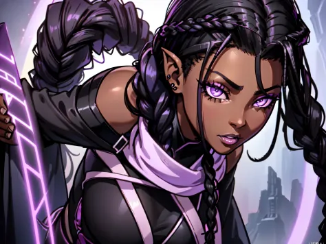 An (African-American) female, with long dark (black braids), purple eyes, dark (brown skin), (pointed ears), (slutty assassin), ...