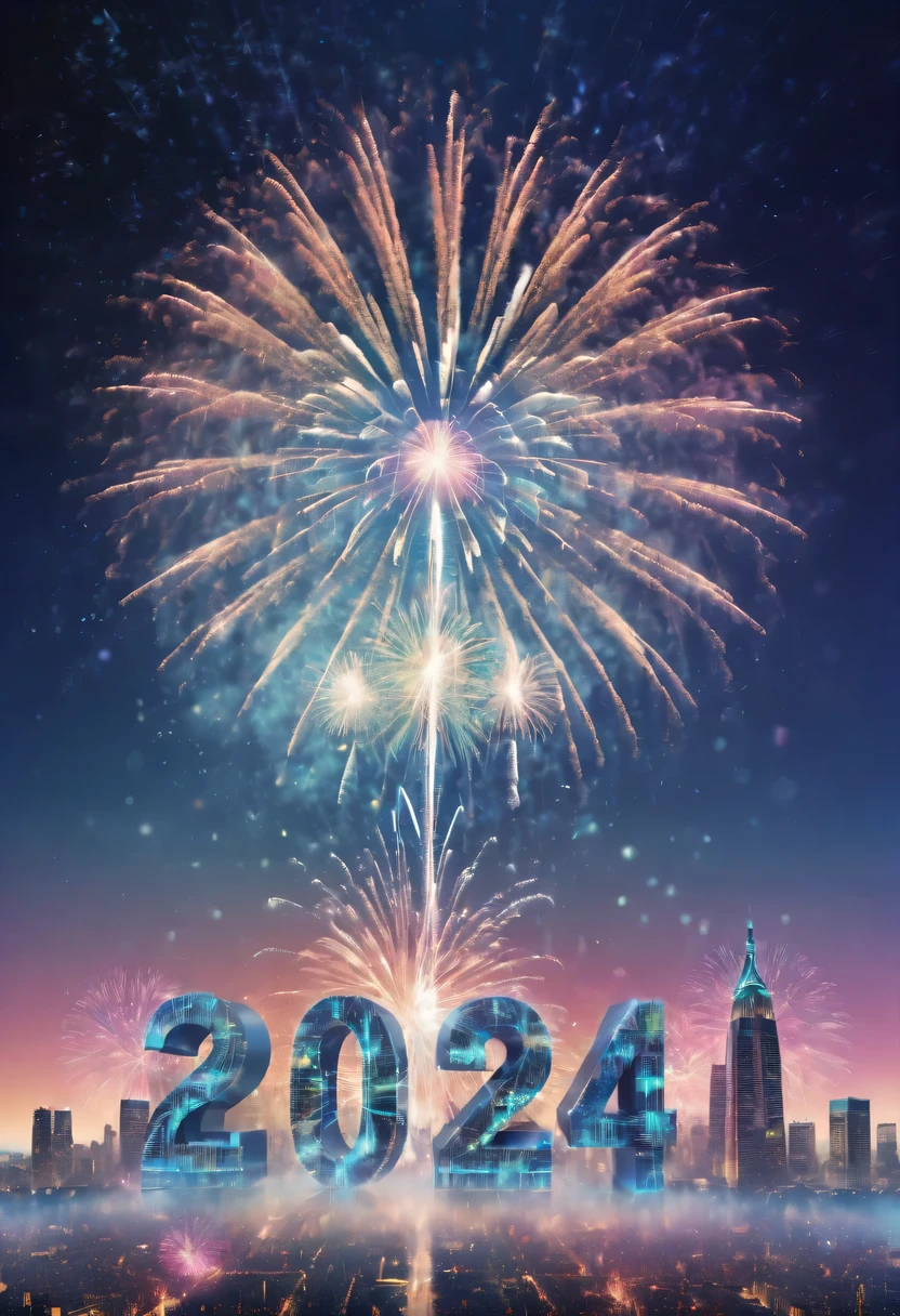 2024 new year poster,Transparent avatar，New Year&#39;s Eve Fireworks 2024，（multiple exposure：1.8）2024 New Year&#39;s Eve Vision Poster，Intricate poster for the year 2024 in surreal art style，2024 surreal dream new year poster，2024 surreal sci-fi new year dream poster