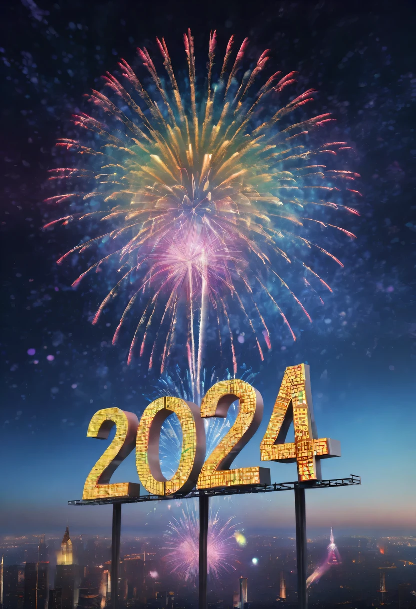 2024 new year poster,Transparent avatar，New Year&#39;s Eve Fireworks 2024，（multiple exposure：1.8）2024 New Year&#39;s Eve Vision Poster，Intricate poster for the year 2024 in surreal art style，2024 surreal dream new year poster，2024 surreal sci-fi new year dream poster