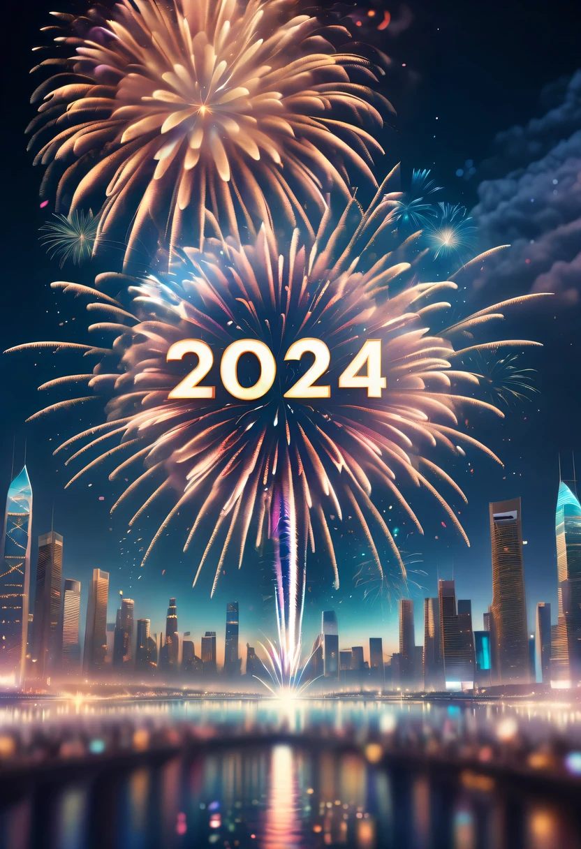 2024 new year poster,Transparent avatar，New Year&#39;s Eve Fireworks 2024，（multiple exposure：1.8）2024 New Year&#39;s Eve Vision Poster，Intricate poster for the year 2024 in surreal art style，2024 surreal dream new year poster，2024 surreal sci-fi new year dream poster