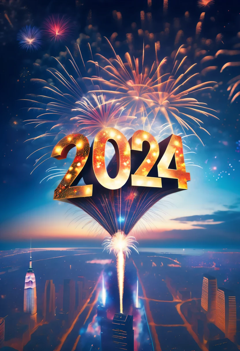 2024 new year poster,Transparent avatar，New Year&#39;s Eve Fireworks 2024，（multiple exposure：1.8）2024 New Year&#39;s Eve Vision Poster，Intricate poster for the year 2024 in surreal art style，2024 surreal dream new year poster，2024 surreal sci-fi new year dream poster