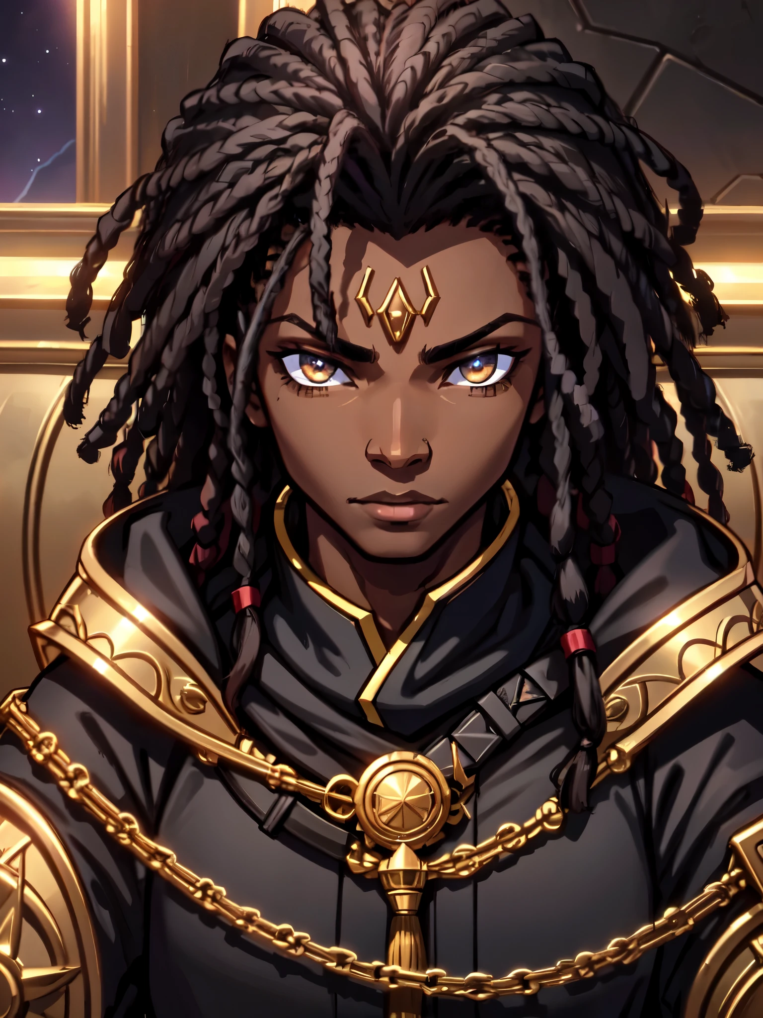 An (African-American) boy, with dark (black dreadlocks), dark (brown skin), golden eyes, demonic (prince), (young) assassin, (black) assassin garb, holy (half-demon), (Anti-hero), (Mage) assassin, (Sci-fi) fantasy, (close-up shot), perfect composition, hyper-detailed, 8K, high quality, (perfect eyes), sharp focus, studio photo, intricate details, (action) pose