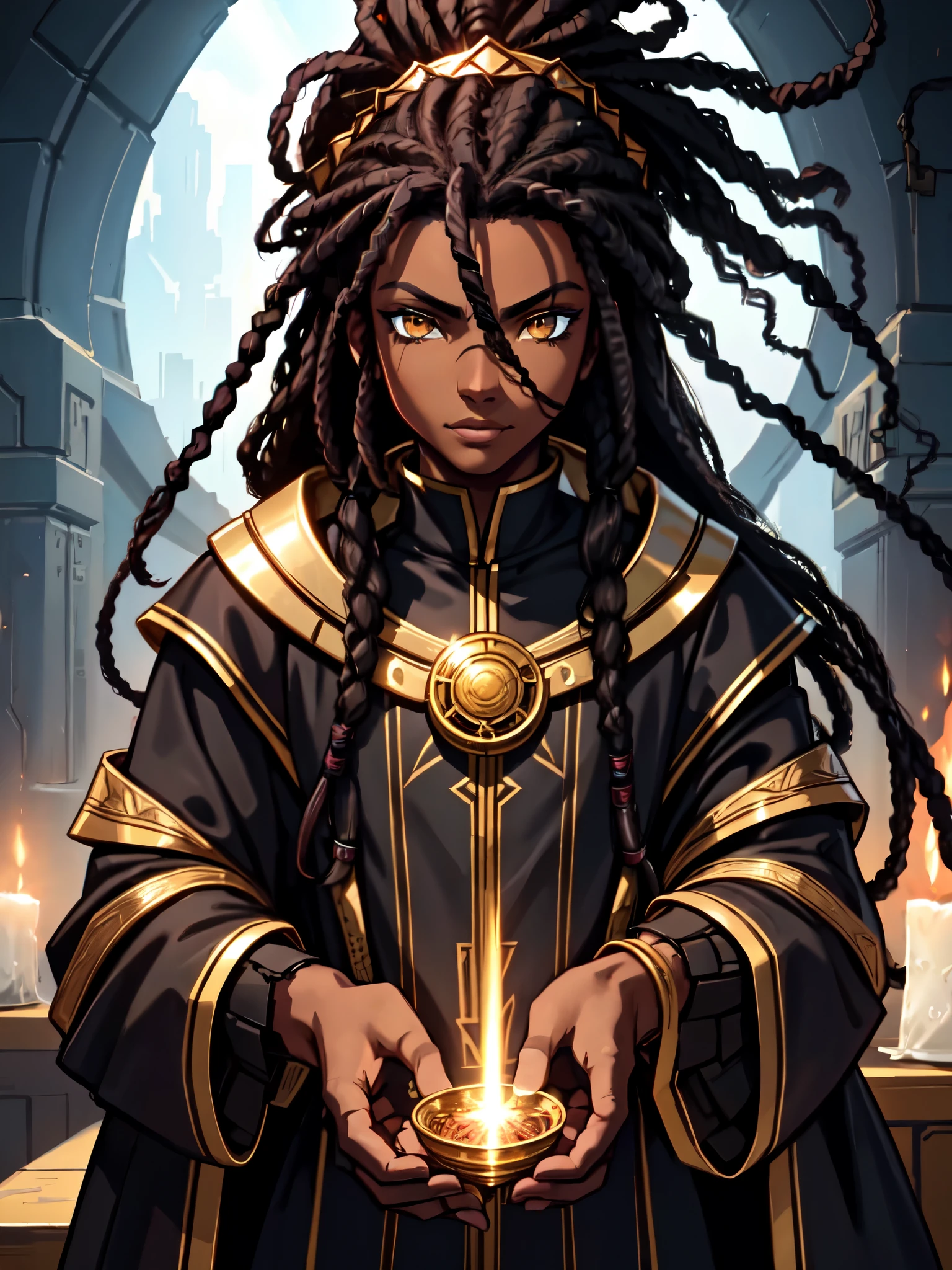 un (Afro-américain) garçon, with sombre (noir dreadlocks), sombre (peau brune), Yeux dorés, démoniaque (prince), (jeune) Assassin, (noir) Assassin garb, saint (Demi-démon), (unti-hero), (mage) Assassin, (science-fiction) fantaisie, (Photo en gros plan), composition parfaite, hyper détaillé, 8k, Haute qualité, (yeux parfaits), netteté, photographie en studio, détails complexes, (Action) Pose