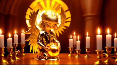 BLONDE CHILDREN GOLDEN ANGEL GIRL with candle in hand. fundo vermelho uma bola de cristal em chamas,