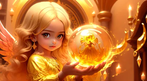 BLONDE CHILDREN GOLDEN ANGEL GIRL with a burning crystal ball in her hand. fundo vermelho