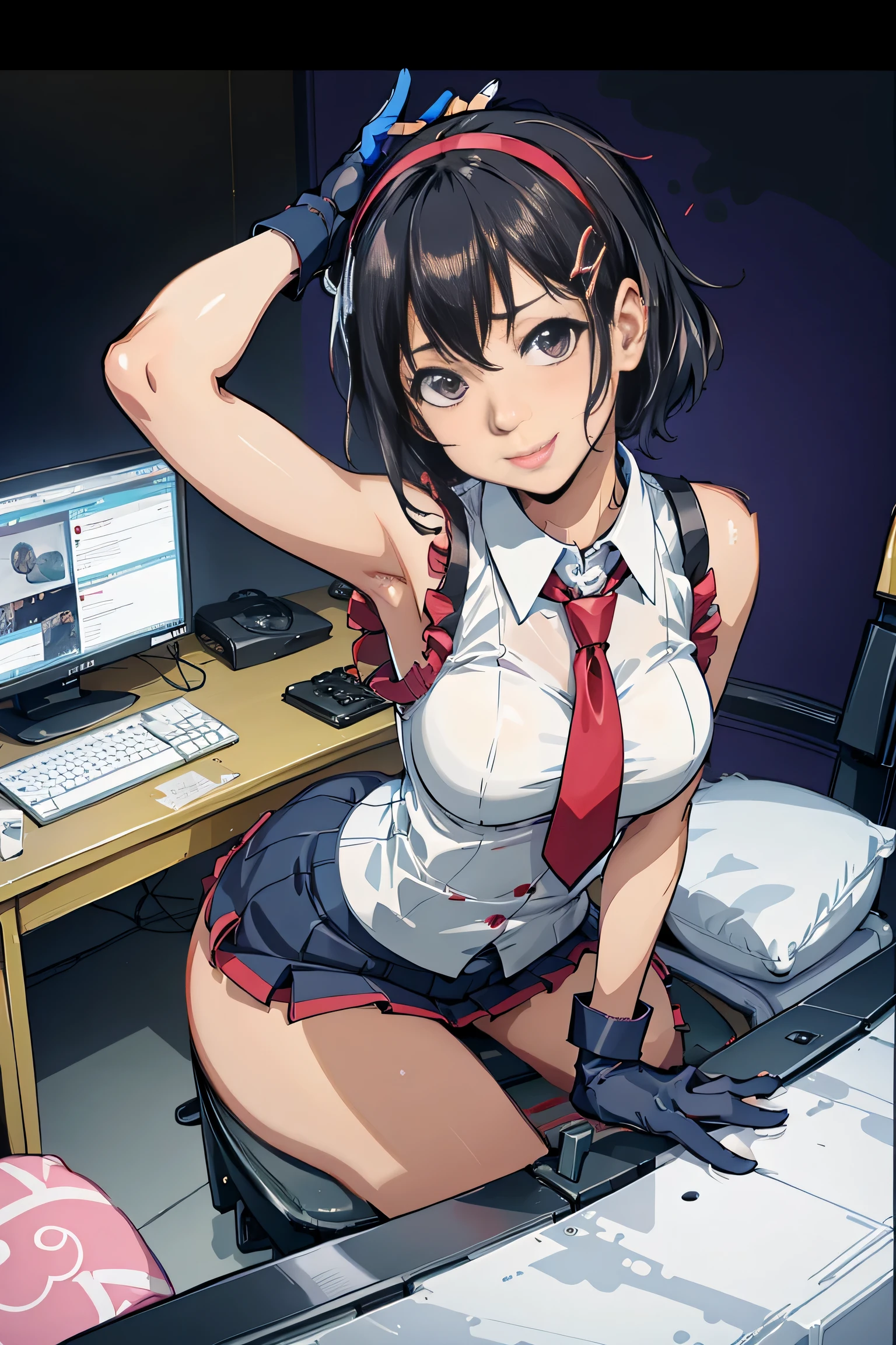 masutepiece, Best Quality, twitch-chan, hair clips, Hair Ornament, Collared shirt, Sleeveless, neck tie, gloves, sitting behind a desk, Looking at Viewer, Smile, Waving, bedroom, bed, Computer Mouse, keyboard