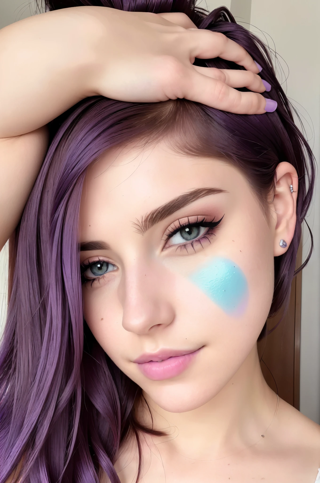 A woman with purple hair and blue eyes with a blue face paint - SeaArt AI