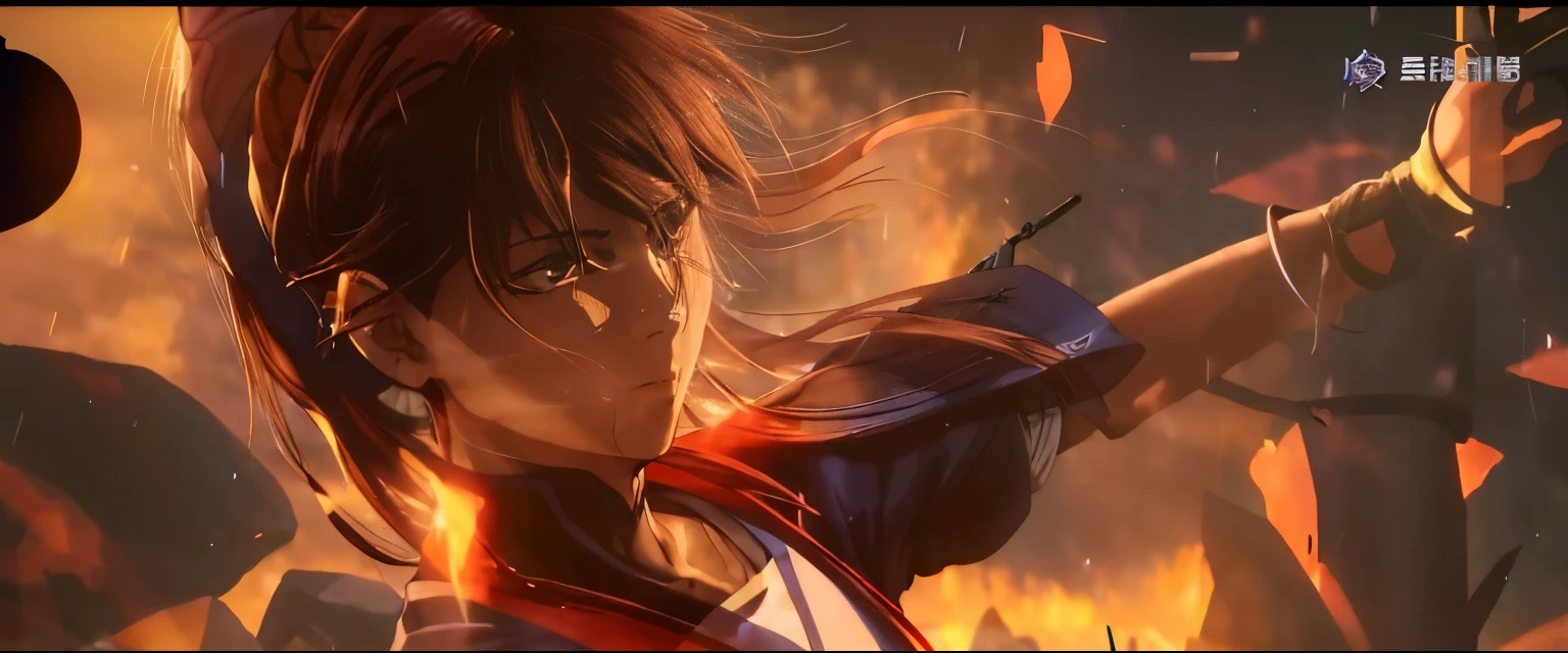 Cartoon character holding knife in hand，The background is fire, epic 8k HD anime shot, Akira CGI movie stills, From Kenshin, shadowbringers cinematic, blade and soul, badass anime 8 k, PS5 movie screenshots, Shinkai sincerely. octaneratingrendering, author：Han Gan, octaneratingrendering. by Shinkai sincerely