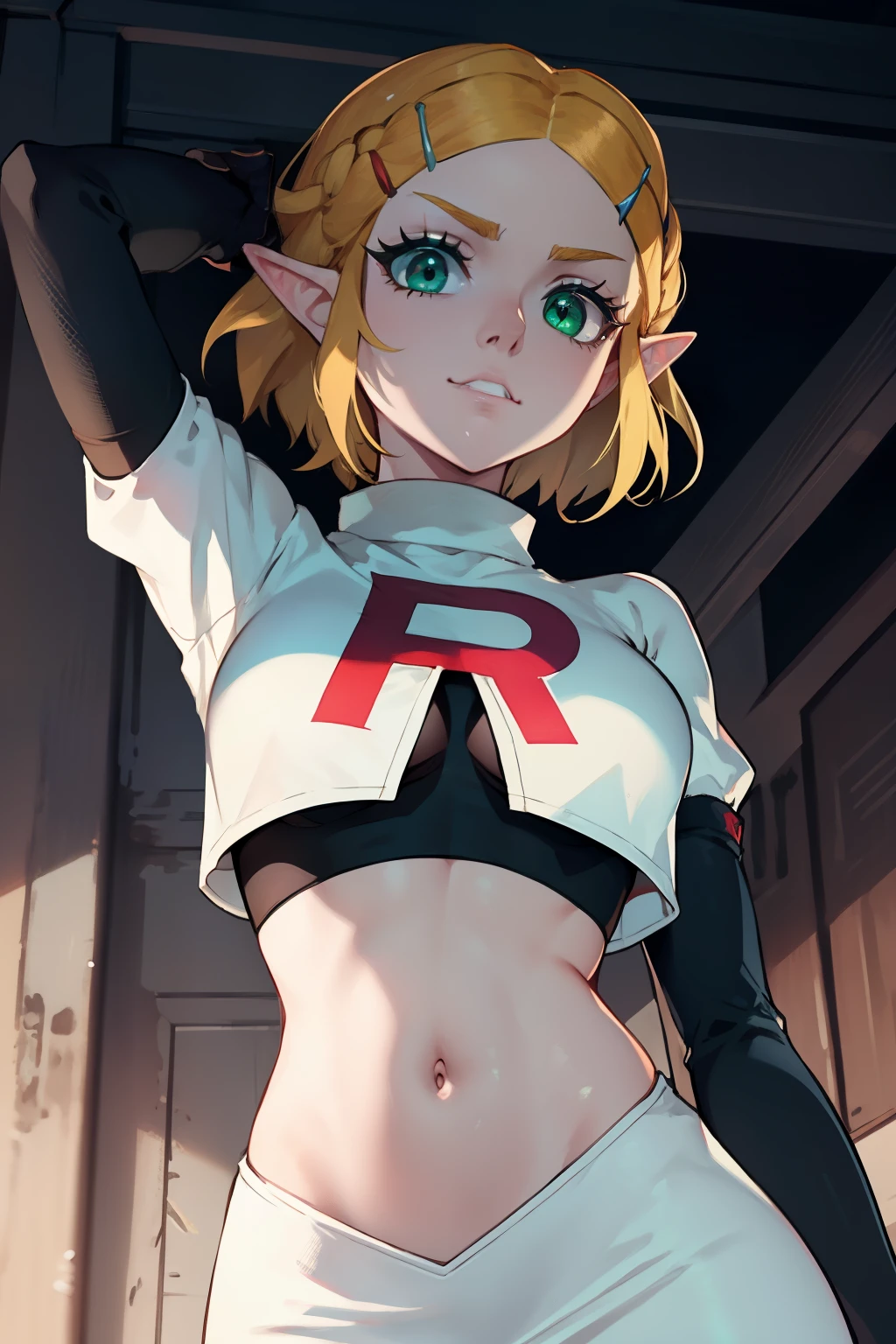 Zelda, green eyes, short hair ,team rocket,team rocket uniform, red letter R, white skirt,white crop top,black thigh-high boots ,black elbow gloves, sinister villianess look, looking down on viewer, arms behind back