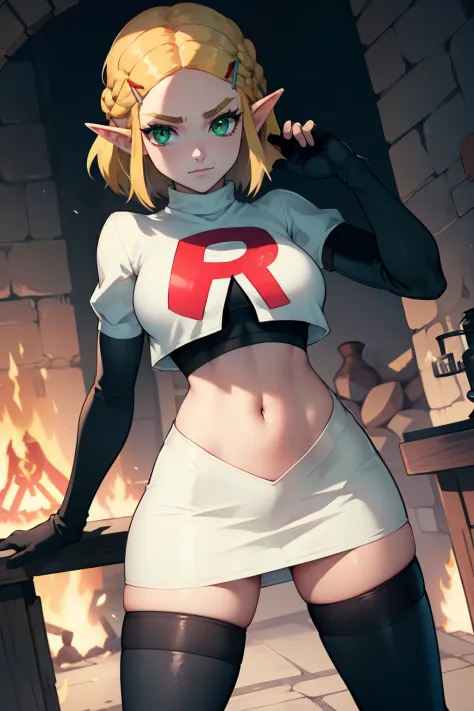 zelda, green eyes, short hair ,team rocket,team rocket uniform, red letter r, white skirt,white crop top,black thigh-high boots ...