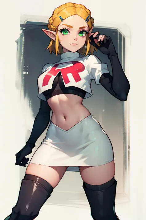 Zelda, green eyes, short hair ,team rocket,team rocket uniform, red letter R, white skirt,white crop top,black thigh-high boots ...