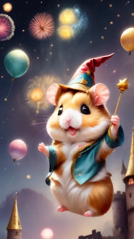 skyrocket,flying balloon,magic hamster party,((hamster wizard:great joy:pulling the hands up:opening mouth:jumpping:wizard hat))...