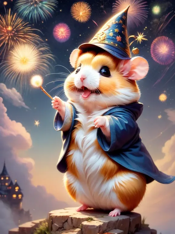 skyrocket,magic hamster party,((hamster wizard:great joy:pulling the hands up:opening mouth:jumpping:wizard hat)),magic wands,,w...